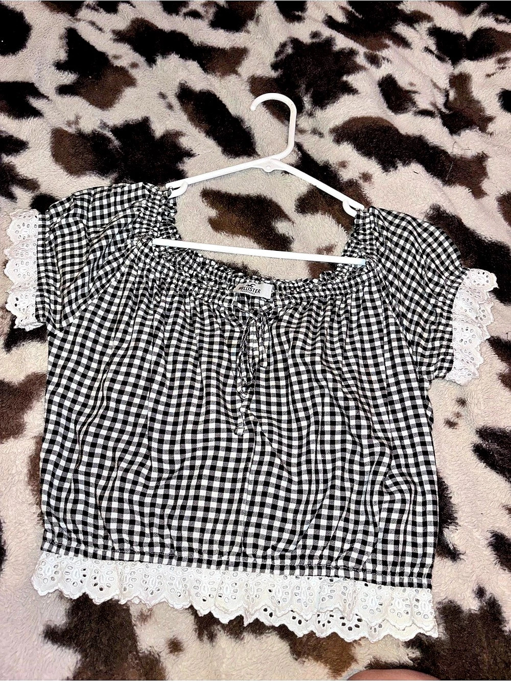 Hollister Gingham Lace Trim Blouse in Black & White